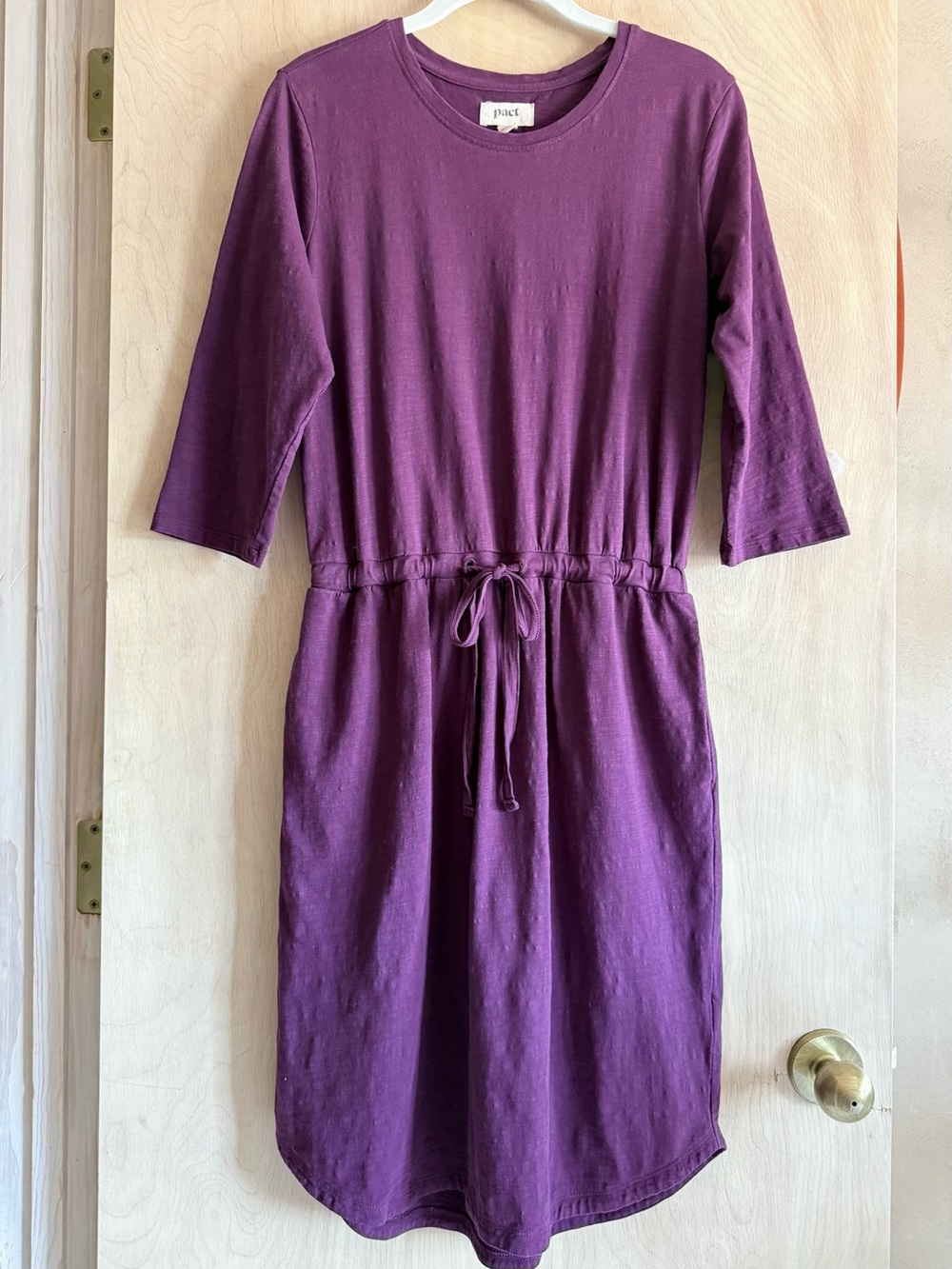 Pact Organic Tie Waist Dress Cotton Slub Purple Womens M Pockets 3/4 Sleeve Soft - Picture 12 of 12